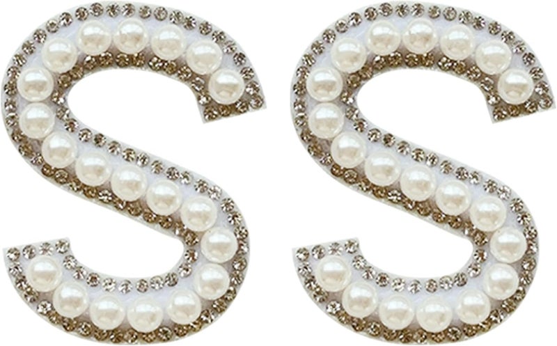 SOYCEV 2PCS White Pearl Iron on Letter Patches Rhinestone Letter Patches Sequin Letter Patches Sparkly Letter Patches for Backpacks Clothing (S) - Image 1